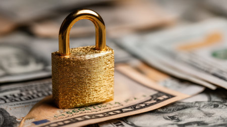 A golden padlock sits atop a pile of dollar bills, symbolizing financial security and wealth protection. This image represents the importance of managing money wisely.の素材