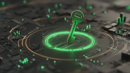 A vibrant green key stands prominently on a circuit board, representing modern cybersecurity and data protection. Ideal for tech, innovation, and security themes.の素材