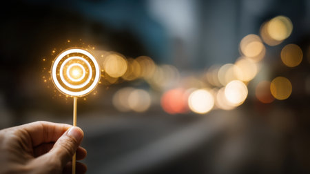 A captivating image of a hand holding a sparkling lollipop featuring a circular pattern, set against a blurred city backdrop alive with night lights and magic.の素材