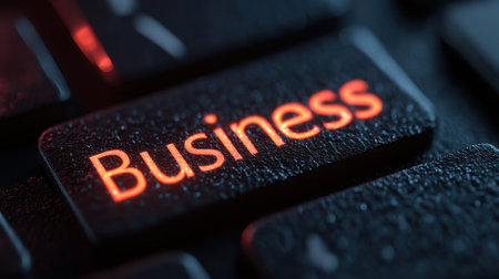 Close-up view of a business key on a dark keyboard, illuminated in red light, emphasizing the significance of technology in modern business practices and communication.の素材
