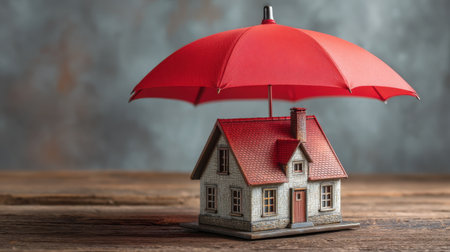 A charming model house is highlighted under a vibrant red umbrella on a rustic wooden surface, symbolizing protection and safety for valuable home investments.の素材