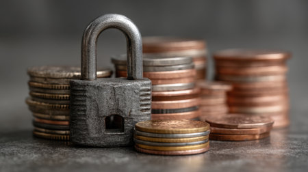 A close-up image showcasing a lock placed in front of stacked coins, symbolizing financial security and the importance of protecting savings and investments.の素材