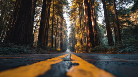 A serene road winds through a majestic redwood forest, showcasing towering trees and gentle sunlight filtering through lush green leaves for a tranquil escape into nature.の素材