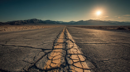 A stunning view of a cracked asphalt road extending towards majestic mountains under a vibrant sunset. The warm light creates an atmospheric and tranquil scene.の素材