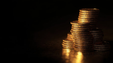 A visually stunning stack of shiny gold coins is captured against a dark background, highlighting the reflections and texture, perfect for financial themes and wealth concepts.の素材