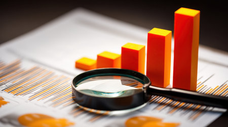 A magnifying glass highlights vibrant orange bar graphs on a financial report. This image represents dynamic analysis, data visualization, and business growth concepts.の素材