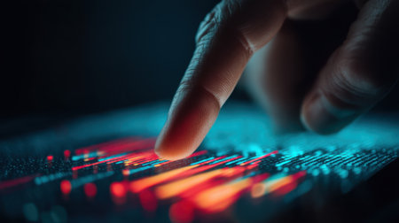 A close-up view of a finger gently interacting with a vibrant digital touchscreen display, showcasing data analytics and colorful patterns in a modern tech environment.の素材