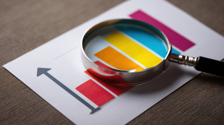 A close-up view of a colorful bar graph under a magnifying glass, symbolizing data analysis and insights in a professional workspace on a textured brown background.の素材