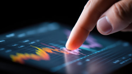 A focused close-up image capturing a finger interacting with a touchscreen displaying vibrant financial graphs and market trends on a dark background.の素材