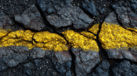 Explore the intricate textures of cracked asphalt featuring a striking yellow line. This urban scene perfectly captures the essence of weathered street surfaces for diverse projects.の素材