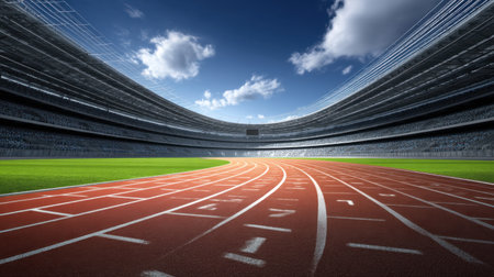 A captivating view of a modern athletic stadium featuring a vibrant running track under a clear blue sky. Perfect for themes of sports, fitness, and outdoor activities.の素材