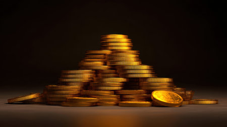 Pile of gleaming golden coins on a dark surface, showcasing elegance and luxury. Ideal for concepts related to finance, wealth, and prosperity. Perfect for commercial use.の素材