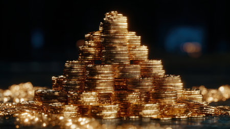 Stunning close-up of a pile of gold coins illuminated by soft light, creating an atmosphere of wealth and prosperity, perfect for financial themes and visual storytelling.の素材