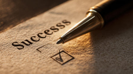 A close-up image showcasing a shiny pen next to a piece of paper featuring the word "Success" and a ticked box, representing achievement in a professional setting.の素材