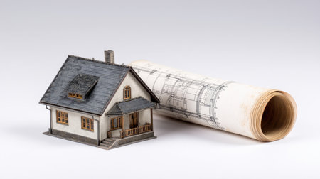 A detailed miniature house model sits beside an architectural blueprint roll on a clean white background, symbolizing planning and creativity in home construction.の素材