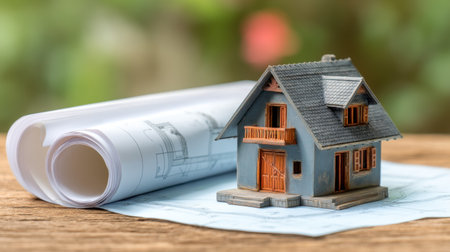 A miniature house model thoughtfully placed on architectural blueprints highlights elements of design and planning in residential construction projects.の素材