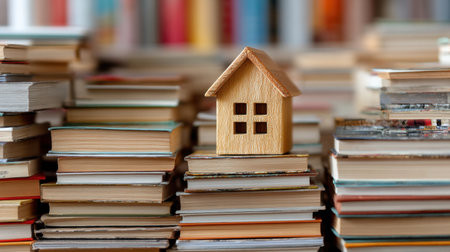 A charming wooden house model sits atop a colorful stack of books, symbolizing a blend of learning and home life, perfect for educational or family-themed projects.の素材