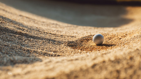 A beautiful close-up shot of a golf ball resting on soft sand in a bunker, highlighted by gentle sunlight and creating a serene atmosphere perfect for sports enthusiasts.の素材