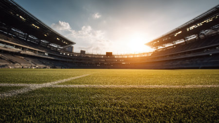 A captivating view of a football stadium at sunset, featuring vibrant grass and empty stands. The scene captures the essence of sports architecture and outdoor recreation.の素材