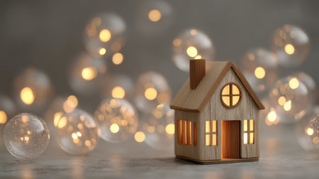 This image features a charming wooden house model softly illuminated against a blurred background of glowing lights, symbolizing comfort and warmth in home environments.の素材