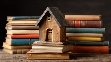 A charming wooden house model sits atop stacks of vintage books, creating a cozy and inviting atmosphere perfect for education, reading, and inspiration.の素材