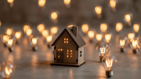 A charming wooden house model captures warmth and comfort, surrounded by glowing light bulbs. Perfect for inspiration in home decor and inviting ambiance design.の素材