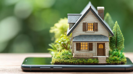 A creative representation of a miniature house model on a smartphone, illustrating the intersection of technology and modern real estate in a natural setting.の素材