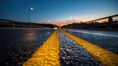 This image showcases a beautiful sunset over a smooth road, with bright yellow lane markings and illuminated streetlights. Ideal for themes of travel and tranquility.の素材