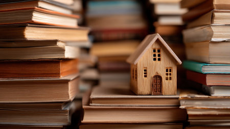 This image features a wooden house model centered on a stack of books, symbolizing the blend of home and education, encouraging themes of knowledge, inspiration, and growth.の素材