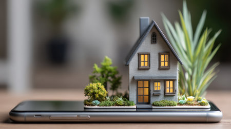A creative image featuring a miniature house on a smartphone, symbolizing the blend of technology and home life, set against a backdrop of greenery and tranquility.の素材