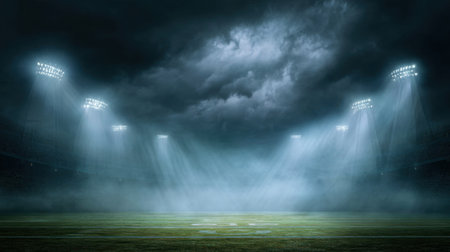 A stunning depiction of an empty sports stadium captured under a dark, stormy sky, with bright floodlights cutting through the fog for an intense atmosphere.の素材
