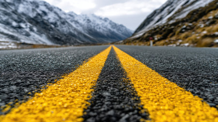 This captivating image features a mountain road leading into a serene landscape, bordered by majestic snow-capped peaks under a dramatic sky.の素材