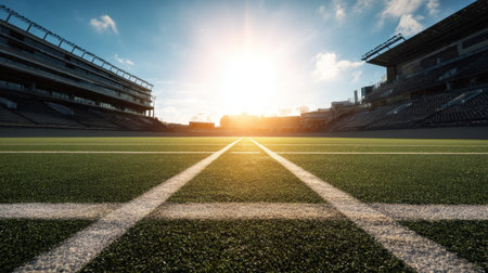 A stunning sunrise illuminates a football field with lush green turf, casting beautiful shadows across the empty stadium, capturing the essence of sports and anticipation.の素材
