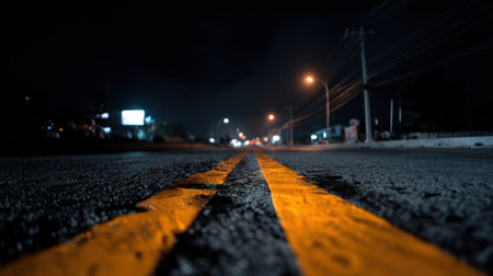 This image captures a peaceful nighttime road with prominent yellow lane markings illuminated by soft street lighting, evoking feelings of calm and solitude in an urban setting.の素材