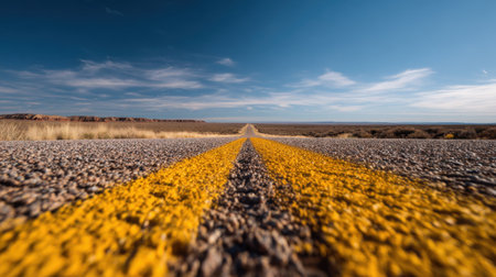 A picturesque view of a long, empty road stretching through a desert landscape under a blue sky. Ideal for themes of adventure, travel, and exploration.の素材