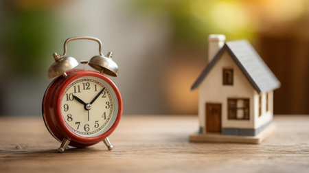 A charming vintage red alarm clock sits beside a cute miniature house on a wooden table, representing the relationship between time management and home life in a warm setting.の素材
