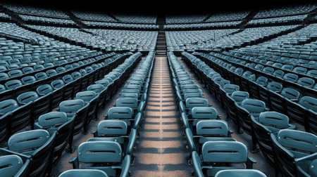 This image captures an empty stadium with rows of blue seats that converge towards the center aisle, evoking feelings of anticipation and tranquility in a vast space.の素材