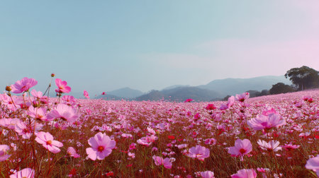 A serene landscape capturing vibrant pink cosmos flowers in full bloom, set against a backdrop of gentle mountains and a clear blue sky. Perfect for nature lovers.の素材
