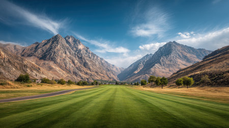 Experience the breathtaking beauty of a golf course nestled in majestic mountains, with vibrant green grass and a stunning blue sky, perfect for outdoor recreation.の素材