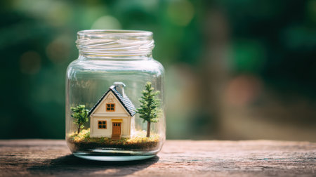 A charming miniature house inside a glass jar, surrounded by tiny trees, captures a cozy and whimsical essence in a beautifully lit outdoor setting.の素材
