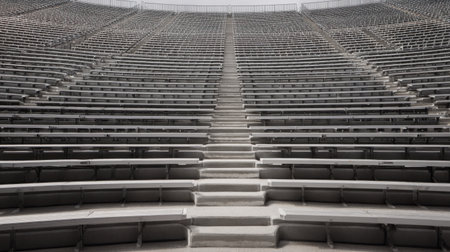 A spacious view of empty bleachers in a large outdoor stadium, showcasing modern architecture and minimalistic design, perfect for promotional and artistic uses.の素材