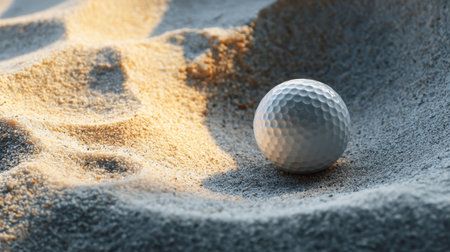 A stunning close-up of a golf ball resting in a sandy bunker, illuminated by warm sunrise light, showcasing intricate texture amidst a serene beach landscape.の素材