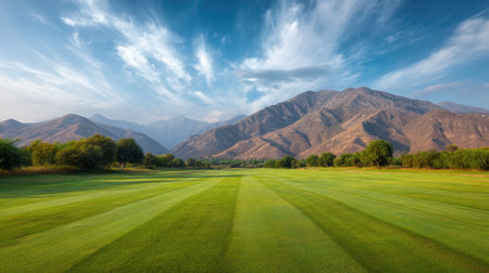 A breathtaking panoramic image showcasing a beautiful golf course surrounded by majestic mountains under a clear blue sky. Ideal for promoting outdoor leisure activities.の素材