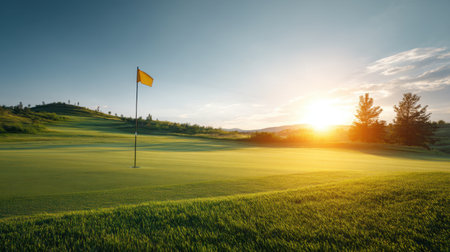 A tranquil golf course at sunset showcases a vibrant yellow flag amidst lush green grass, rolling hills, and a bright sky, offering a serene outdoor escape.の素材