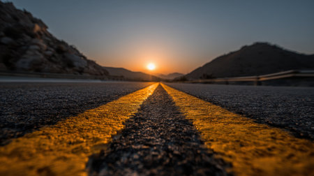A stunning view showcasing a road lined with vibrant yellow markings leading towards a mesmerizing sunset, framed by majestic mountains, perfect for travel inspiration.の素材