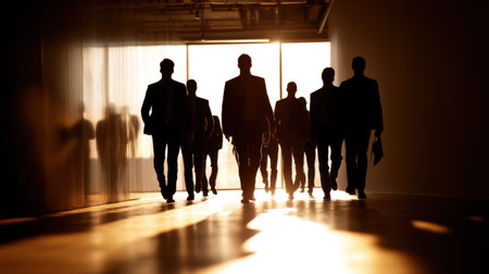 A group of business executives walks purposefully through a modern office corridor, silhouetted by a brilliant sunset, representing teamwork and professional aspirations.の素材