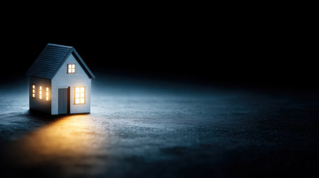A charming miniature house model shines with warm light against a dark background, symbolizing comfort and serenity. Perfect for concepts of home and tranquility.の素材