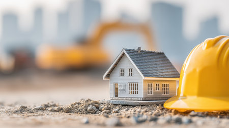 A miniature house sits on a construction site next to a bright yellow hard hat, highlighting the intersection of real estate development and building efforts in an industrial environment.の素材