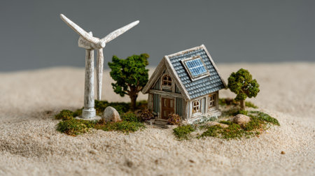 A miniature sustainable house featuring a solar panel and wind turbine rests on a sandy surface, illustrating the harmony between nature and modern renewable energy solutions.の素材