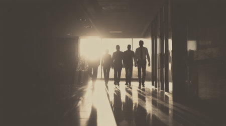 A group of business professionals walks confidently towards light in an office corridor, creating a striking silhouette effect that symbolizes teamwork, ambition, and success.の素材